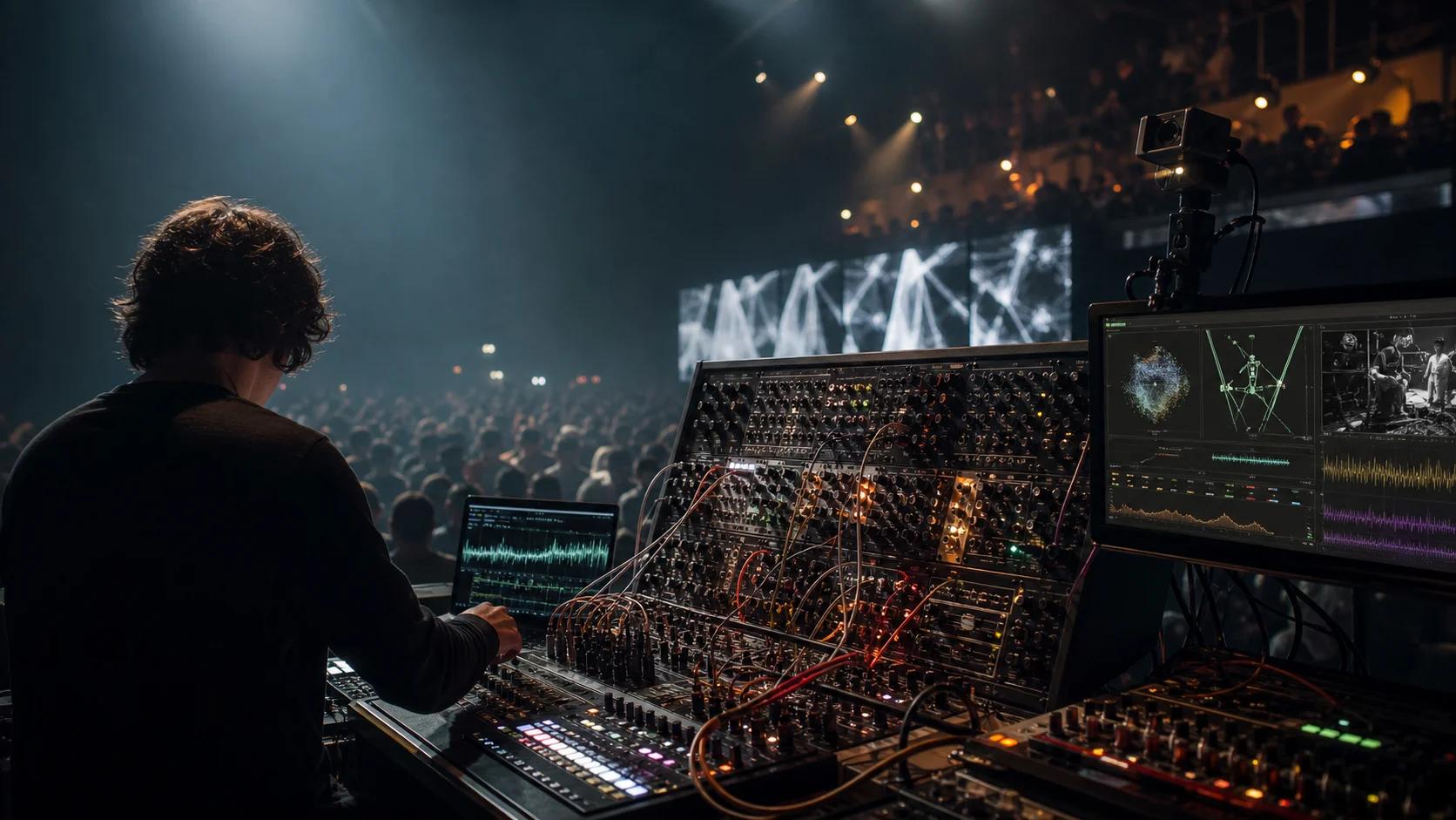 Live electronic performance desk with modular synthesizers and a crowd