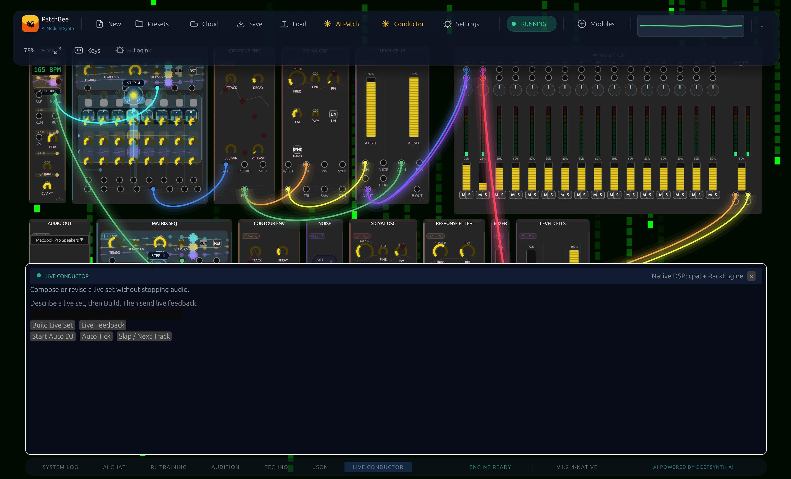 PatchBee modular synth with Live Producer panel and generated performance state
